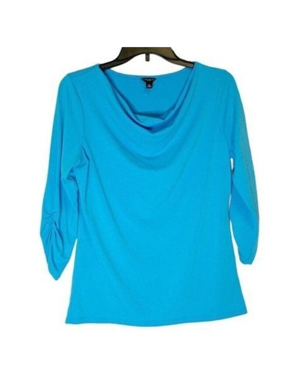 Ann Taylor Womens Cowl Neck 3/4 Ruched Sleeve Top Turquoise Blue Size M